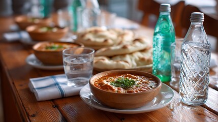 Dining table with curry pots naan bread drinks