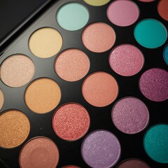 Fototapeta premium Close-up Eyeshadow Palette with Colorful Pigments Including Pink, Teal, and Warm Tones for Makeup Artists