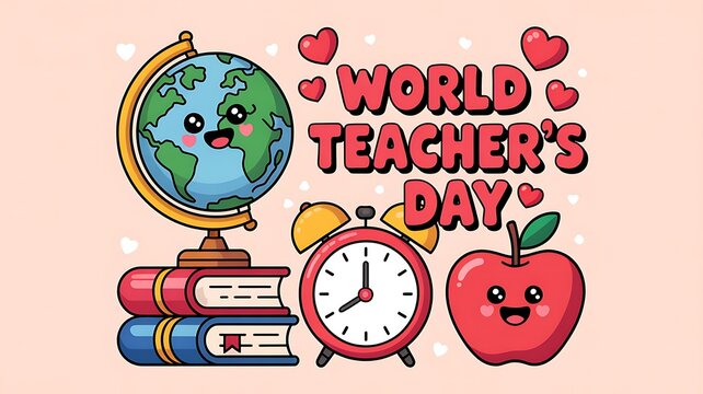 Cute kawaii world teacher s day illustration with smiling globe books apple and alarm clock celebrating education