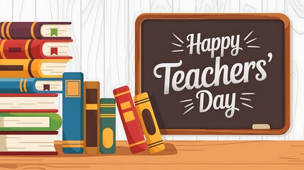 Happy teachers day chalkboard with stack of books and pencils celebrating education and appreciation