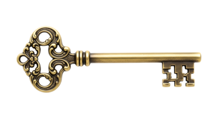 Ornate antique brass key on white background vintage