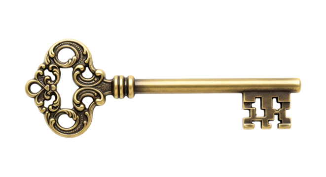 Ornate antique brass key on white background vintage