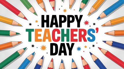 Colorful happy teachers day message surrounded by a vibrant array of sharpened pencils radiating outwards