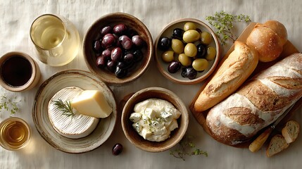 Dining table with Mediterranean spread olives cheese bread