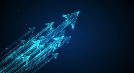 Cluster of glowing arrows moving upward — rapid growth and performance uptrend on blue tech background — vector banner