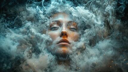 Surreal woman emerging through mystical smoke and glitter, dreamlike face surrounded by colorful mist and shimmering particles