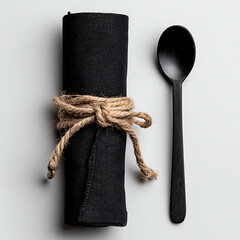 Black cloth napkin rolled and tied with rustic twine, placed next to a black spoon on a clean white background, for dining.
