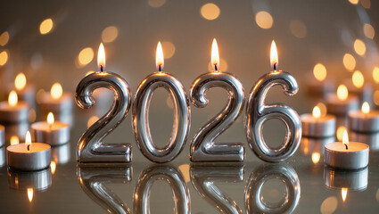 Silver metallic candles shaped as numbers forming 2026, glowing with warm flames against a festive golden bokeh background.