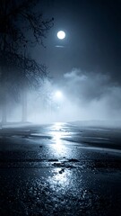 Misty night scene with moonlit road