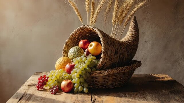 Thanksgiving Cornucopia Harvest Still Life Background. The subtle motion and warm lighting create a rich, festive background.