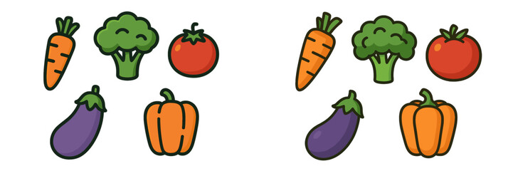Colorful collection of fresh vegetables in a simple design featuring carrots, broccoli, tomatoes, and peppers