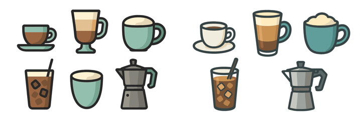 Coffee drinks in various styles displayed on a clean background with colorful cups and brewing equipment