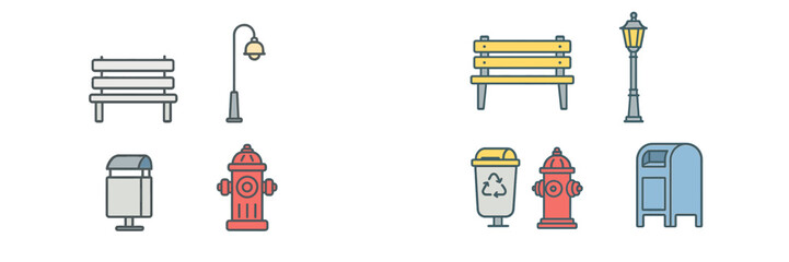 Different types of outdoor furniture and utility items in a park setting during the day