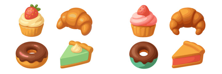 Colorful collection of delicious desserts including cupcakes, croissants, and donuts displayed on a plain background