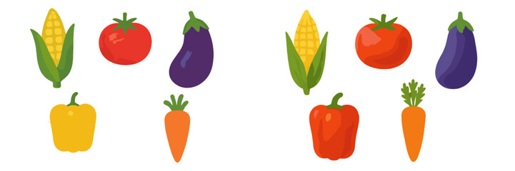 Colorful assortment of fresh vegetables and fruits in a playful design with corn, tomatoes, eggplants, and more