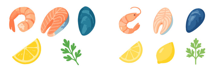 Fresh seafood arrangement with shrimp, salmon, and lemon on a white background for healthy cooking ideas
