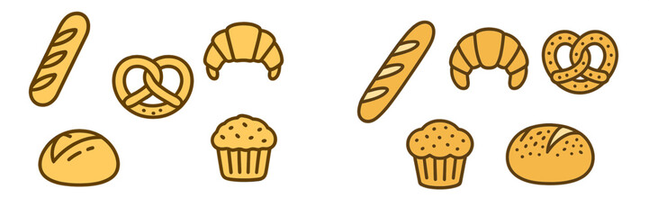 Variety of baked goods including bread, croissants, and muffins arranged in a simple and colorful layout