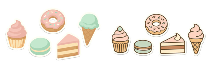 Sweet collection of colorful desserts featuring cupcakes, donuts, ice cream, and cakes on a white background