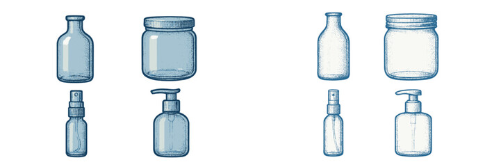 Different types of clear containers for storage and dispensing in various sizes and shapes displayed on a neutral background