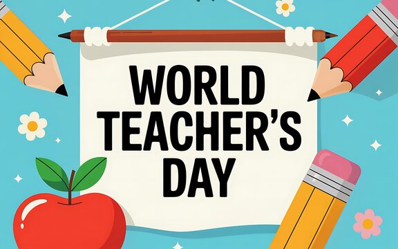 Bright and cheerful illustration celebrating world teachers day with colorful pencils an apple and flowers on a blue background