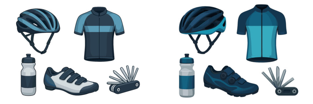Cycling gear display with helmets, jerseys, shoes, and accessories for outdoor riding adventures