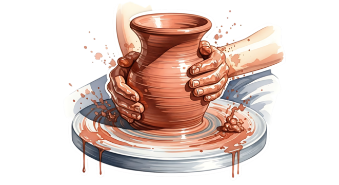 A close up of hands shaping a clay pot on a pottery wheel with splashes of clay around it