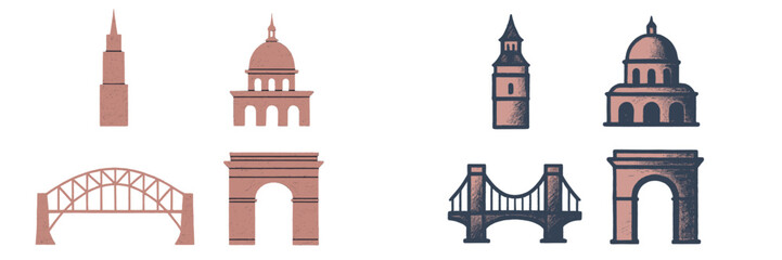 Collection of unique architectural designs featuring bridges and buildings from various cultural influences