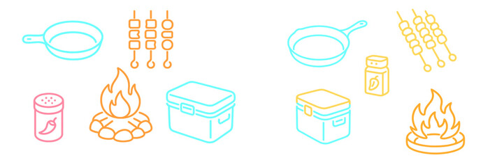 Campfire cooking supplies with grilling equipment and seasoning for outdoor meals