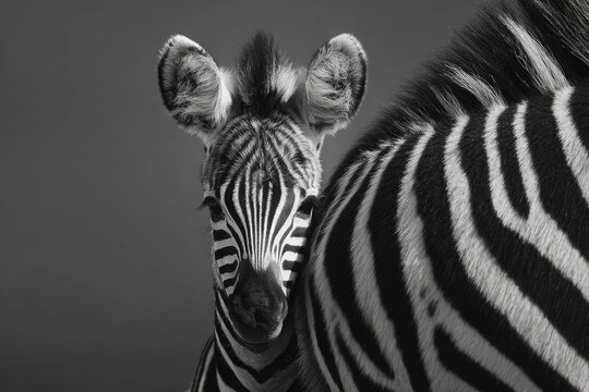 A zebra foal close-up, facing forward, against a muted gray background.  A portion of another zebra's back is visible in the image
