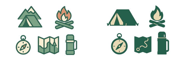 Camping and outdoor adventure gear icons for nature enthusiasts and explorers