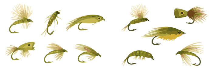 Collection of various fishing lures displayed in a natural style showcasing colors and designs