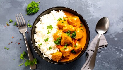 A bowl of rice with chicken curry, garnished with parsley. Spoon and fork on the side
