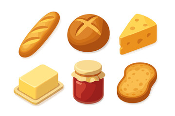 Wide variety of bread, cheese, butter, and jam arranged on a table