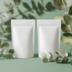 Two identical white stand-up pouches with eucalyptus leaves and shadows on a pastel green background, suggesting natural products.
