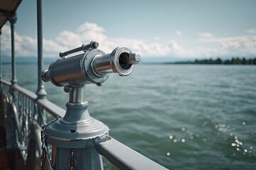 Vintage-style telescope on a boat deck overlooking a lake