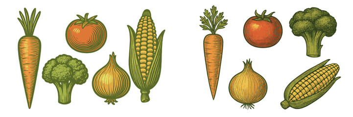 Colorful variety of fresh vegetables displayed in detail showcasing their textures and shapes in a rustic style