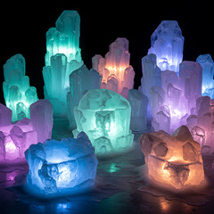 Luminous ice formations and sculptures glowing with vibrant multicolored light in the darkness, creating a magical winter scene.
