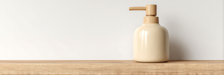 Minimalist pump bottle, beige, on a light wooden shelf against a clean white wall, symbolizing simple design and hygiene.

