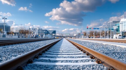 Fototapeta premium Converging Railway Tracks Under a Bright Cloudy Sky Leading to City Buildings