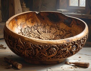 Ornate wooden bowl in a workshop