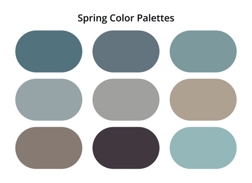 Spring color palette with muted teal, grey, beige, and earthy tones, modern seasonal swatches for design inspiration, fashion styling, branding, web graphics, and creative digital artwork.