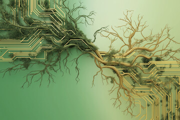Circuit board morphing into vines and tree branches with gold traces transforming into roots in green gradient background