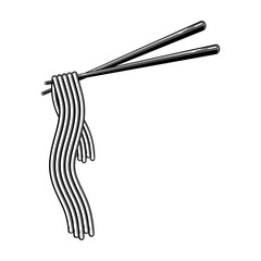 Black illustration of noodles on chopsticks without background.