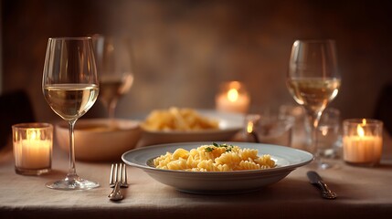 Dinner table with pasta wine glasses romantic candlelight