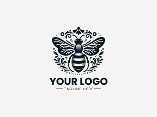 Obraz premium Ornate antique honey bee vector logo with detailed wings and vintage patterns for heritage brand identity