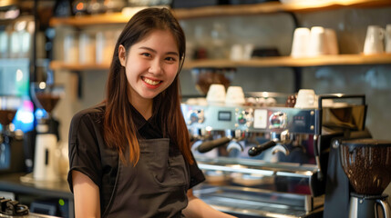 Smiling barista in a cozy café setting preparing coffee.
