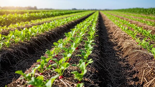 Medium shot highlighting narrow raised rows designed to maximize planting density while maintaining soil structure and crop health.