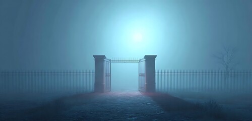 Eerie graveyard gate glowing under moonlight mist