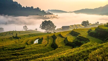 Misty rice terraces at dawn
