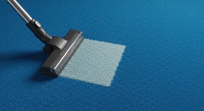 A modern vacuum cleaner actively cleans a blue carpet, leaving a noticeable fresh and tidy patch, symbolizing cleanliness and efficient home maintenance